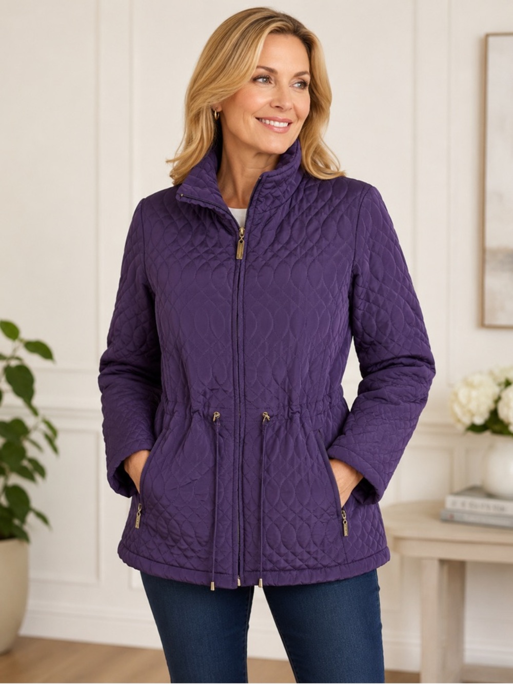 Ellen Tracy Purple Quilted Jacket - Plush Fleece Lined - Cinched Waist - Size S